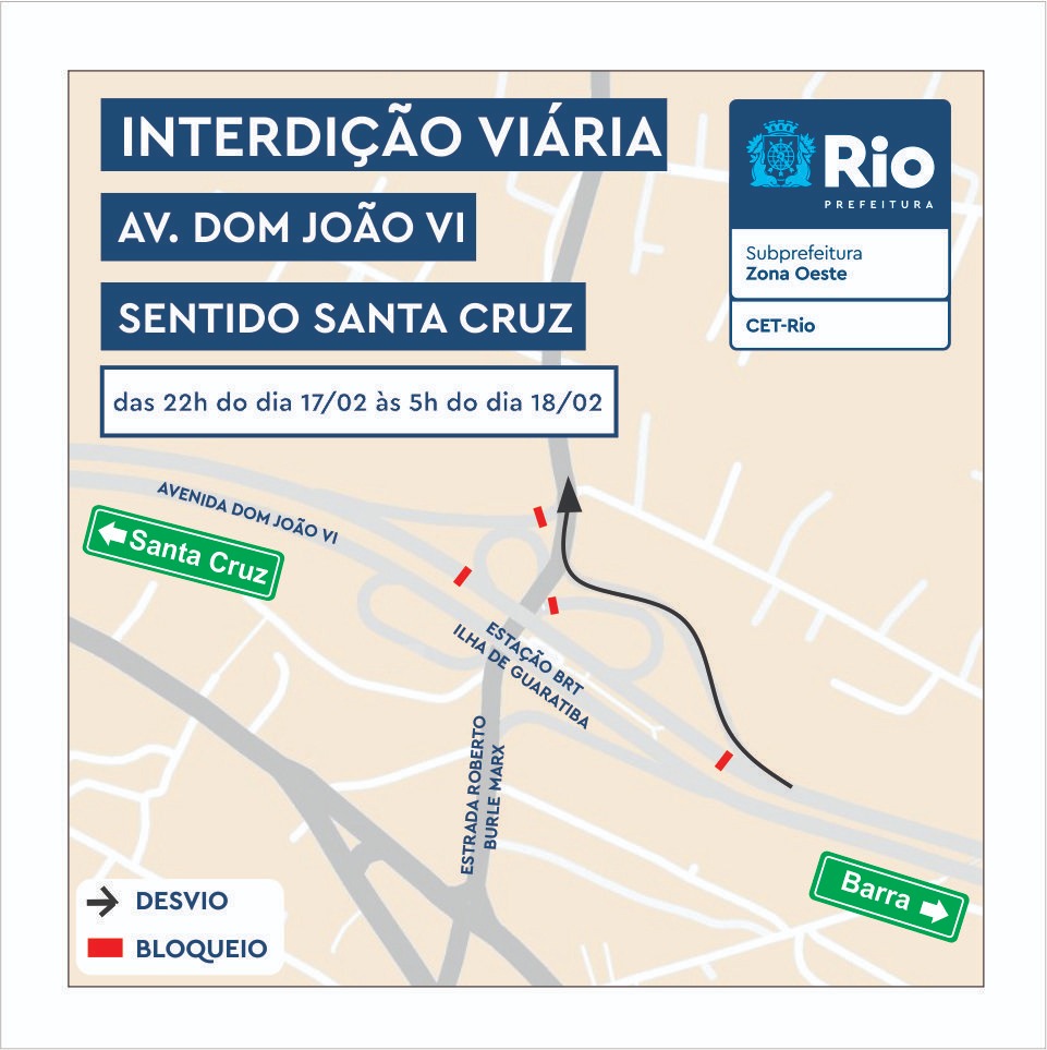 Avenida Dom João VI será interditada no sentido Santa Cruz para montagem de adutora - Prefeitura da Cidade do Rio de Janeiro