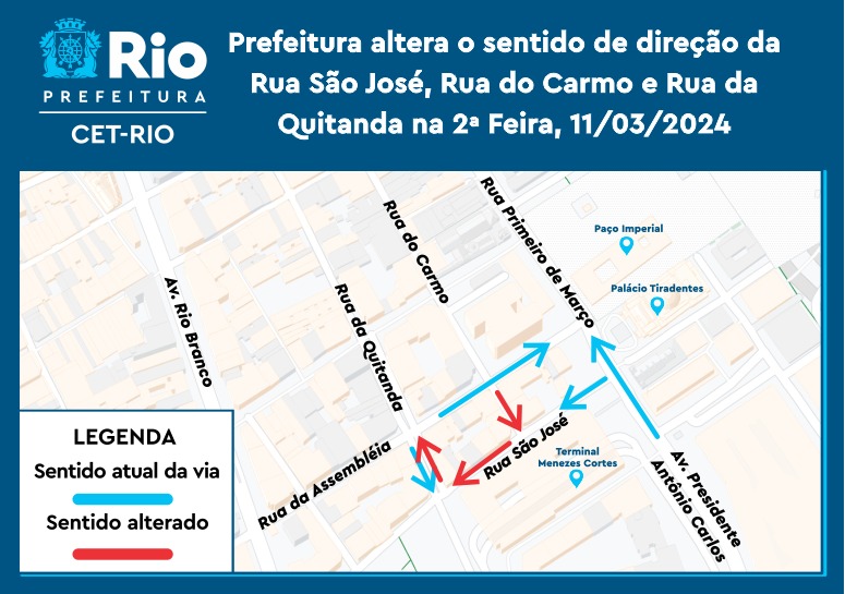 Ruas do Centro terão sentido alterado a partir de segunda-feira - Prefeitura da Cidade do Rio de Janeiro